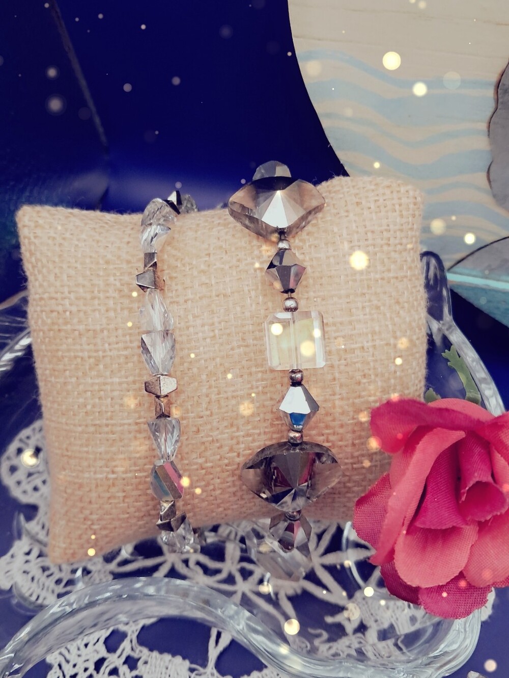 Clear Crystal & Cube AB Bracelets w/ Silvertone Accents - Set of 2